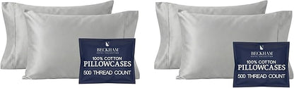 Beckham Hotel Collection Cotton Pillowcases King Size, 500TC, Sateen Finish, Open End, Breathable, Moisture-Wicking, Dark Gray (4 Pieces)