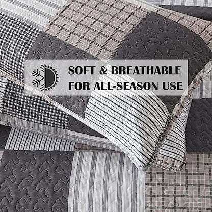 HIARUO Quilt Set King Size, 3 Pieces Bedspread Coverlet Plaid Patchwork Quilt Farmhouse King Size Comforter Set Lightweight Bedding with 2 Pillow Covers Shams for All Season Gray Brown White