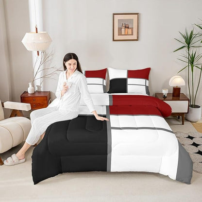 Erosebridal Geometric Abstract Twin Bedding Sets for Adult Women Men Red and White Striped Comforter Set Square Grid Quilt Duvet Set Modern Art Patchwork Bedding Collections for Minimalist