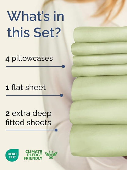 Extra Deep Split King Sheet Set - 7 Piece Breathable and Cooling Sheets - Hotel Luxury Bedding for Women, Men, Kids & Teens - Easy Secure Fit - Soft & Wrinkle Free - Extra Deep Pockets - Light Sage