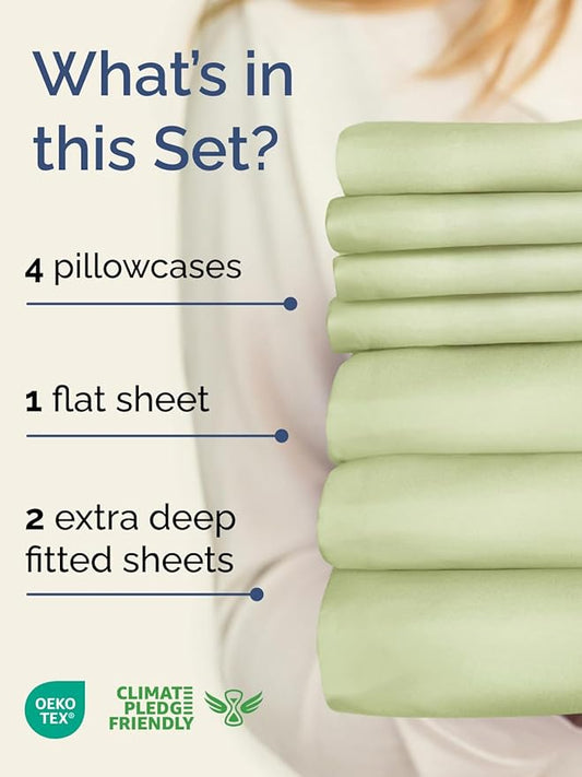 Extra Deep Split King Sheet Set - 7 Piece Breathable and Cooling Sheets - Hotel Luxury Bedding for Women, Men, Kids & Teens - Easy Secure Fit - Soft & Wrinkle Free - Extra Deep Pockets - Light Sage