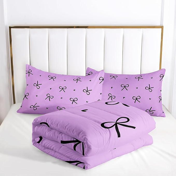 3 Pieces Purple Kawaii Bedding Set for Girls,Black Bowknot Comforter King Size,Cute Bow Tie Knot and Love Bedding for Women Girls Kids,Romantic Princess Quilt Set 1 Comforter 2 Pillowcases