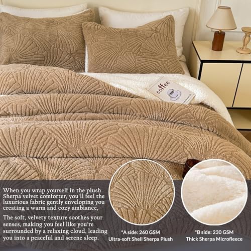 tohrisa Seashell Jacquard Sherpa Comforter Set Warm Cozy Premium Bedding 3 Pieces, Full/Queen Size Geometric Pattern Quilt Comforter with 2 Pillowcases(90"X90" Beige)