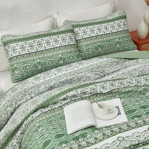 WONGS BEDDING Boho Queen Quilt Bedding Set, 3 Pieces Bedspread, Light Green
