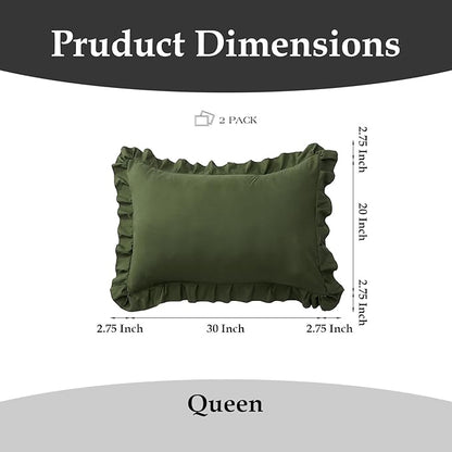 Ruffle Pillow Cases Queen Size Set of 2 – Soft Wrinkle Resistant Brushed Microfiber Ruffled Pillowcases –Envelope Pillow Shams Cover Festive Gift for Hotels,Guest Rooms 20x30 Inch (Olive Green)