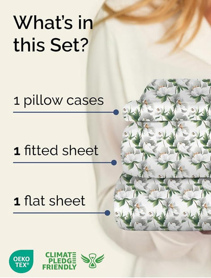 Floral Sheets - Flower Print Bed Sheet Set - 1 Flat, 1 Fitted & 1 Pillowcase w/ Deep Pockets - Comfy, Cozy, Wrinkle & Fade Free - Boho Botanical Bedding - Soft, Breathable & Cooling - Twin XL Size Set