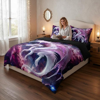 Pink Dragon Girls Comforter Set Queen Size, Castle Fairy Tale Bedding Set for Kids Teens - 3Pcs Soft Fluffy Galaxy Outer Space Quilt Set with 2 Pillowcases | Queen Size, Western Dragon, Castle Fairy, 3D Animals, 3 Piece