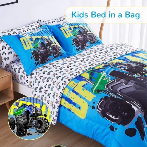 Viviland Kids Bedding Set Twin - Oeko-TEX 100 Certified Road Truck Comforter Set Bed in a Bag, Soft Breathable Microfiber Bedding with Sheets/Pillows, Cool Road Truck Adventure Theme for Boys