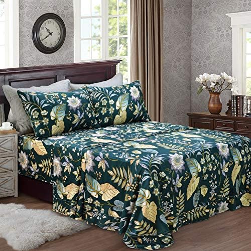 FADFAY Sheets Set King Teal Elegant Floral Bedding Tropical Plam Leave Sunflower Bedding 800 Thread Count Luxury Summer Sheets 100% Egyptian Cotton Deep Pocket Bed Sheets Set, 4 Pieces-King Size