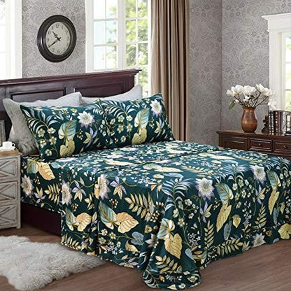 FADFAY Sheets Set King Teal Elegant Floral Bedding Tropical Plam Leave Sunflower Bedding 800 Thread Count Luxury Summer Sheets 100% Egyptian Cotton Deep Pocket Bed Sheets Set, 4 Pieces-King Size