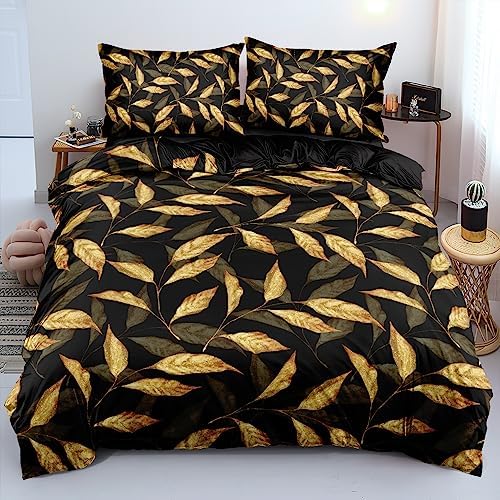 Trendy Flower Duvet Cover Set Twin Size for Gilrs and Boys Gold Leaves Sequin Bedding Comforter Cover Black Bed Set