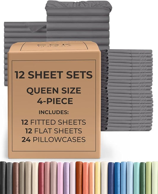 Bulk Case Pack of 12 Sheet Sets - (12) Complete Sheet Sets - Bulk Queen Bedding - Wholesale Case Pack for Hotels, Spa & Airbnbs - Deep Pocket & Wrinkle Free - Cooling & Breathable - Queen, Dark Grey