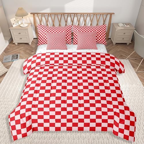 jejeloiu Red Pink Bedding Set 7Pcs King Size Kids Checkered Grid Comforter Set with Sheets for Boys Girls Classic Plaid Buffalo Check Bed in a Bag Soft Lightweight,Microfiber