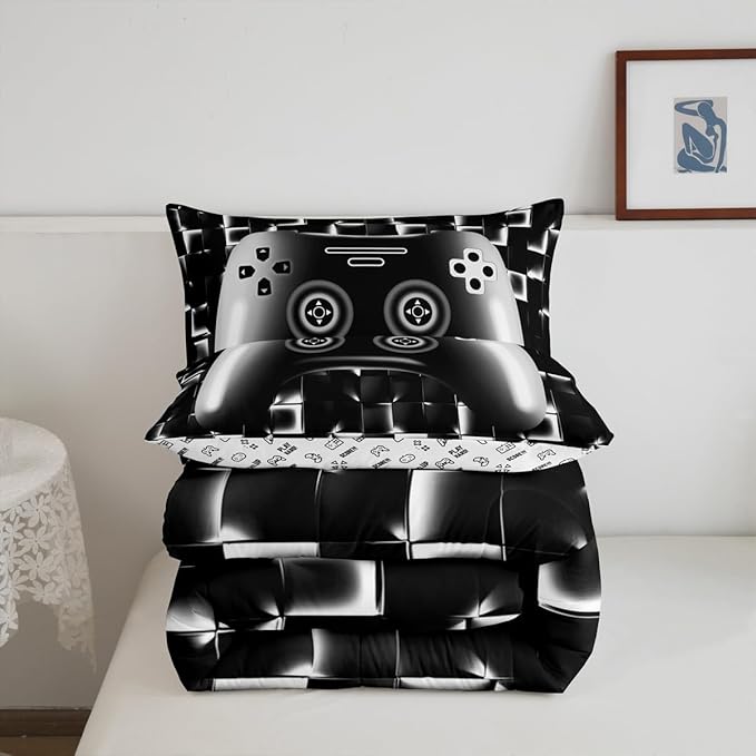 Erosebridal Gaming Comforter for Boys Teens Game Bedding Set for Kids Gamer Comforter Set for All Season Gamepad Room Decor Duvet Quilt Full Size,1 Comforter with 2 Pillowcases Neon Black White Grey