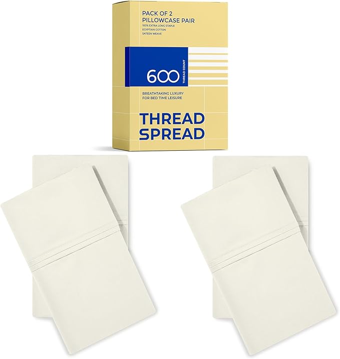 Thread Spread 100% Egyptian Cotton King Size Pillow Cases Set of 4 - Luxury 600 Series Bliss Collection Pillow Cases King Size (Pack of 2, Ivory), Hotel Cotton Pillowcases, Sateen Finish