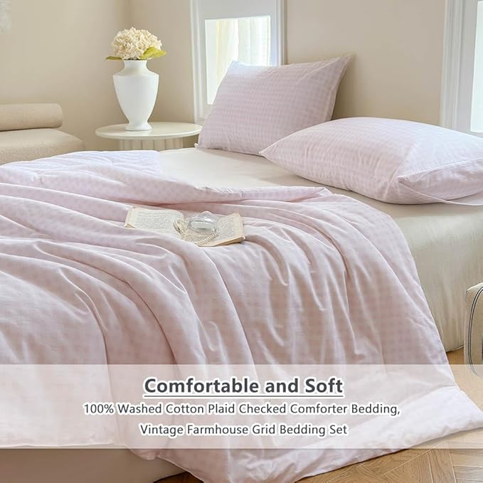 NSNLGSGC Pink Gingham Cotton Comforter Set King, 100% Washed Cotton Red Plaid Checked Comforter Bedding, 3 Pieces Vintage Farmhouse Grid Bedding Set(Pink Gingham, King)