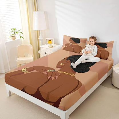 Erosebridal Fashion Black Woman Bedding Set Queen Size 3 Piece Romantic Makeup Themed Girls Bed Sheets Fashionable Gorgeous Fitted Sheet Vogue Afro Girls Sheets for Kids Teens Adult Bedroom