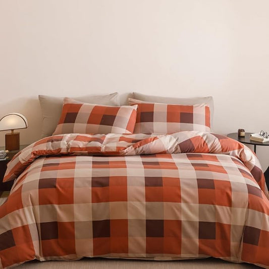 CLOTHKNOW Rust Khaki Plaid Queen Comforter Set 3Pcs Gingham Buffalo Bedding Comforter Sets Rust Brown Khaki Geometric Comforter Queen