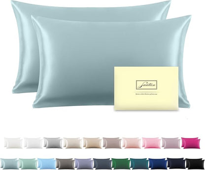 Suatien Mulberry Silk Pillowcase for Hair and Skin Silk Pillow Cases with Hidden Zipper Soft Smooth Cooling Silk Satin Pillow Cases for Sleeping Haze Blue-2 Pack Standard（20"X 26"）