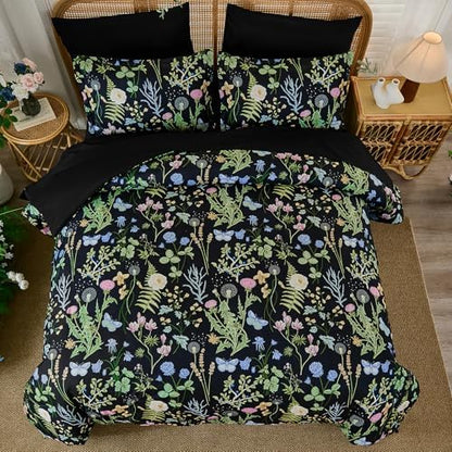 Black Green Floral Comforter Set King Size, 7 Piece Botanical Bedding Set