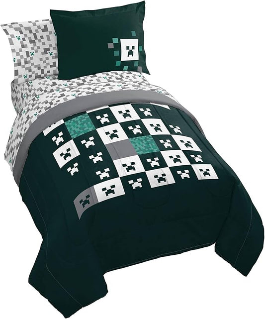 Jay Franco Minecraft Creeper Full Comforter Set - 7 Piece Gamer Bedding Includes Sheet Set & Pillow Covers - Super Soft Checkered Bedding