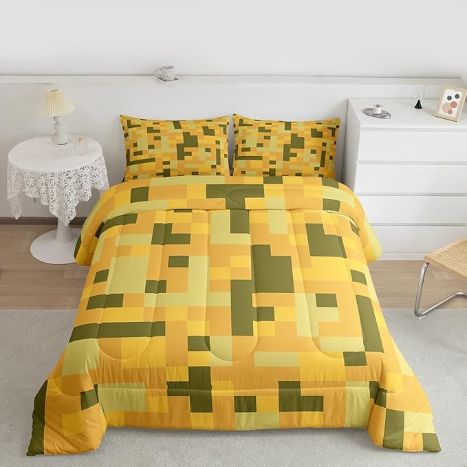 Pixelated Blocks Miners Kids Comforter Set Full Size,Video Games Cartoon Gamepad Bedding Set,Boys Room Decor,Army Camouflage Game Quilt Comforter,Yellow Green Duvet Set Bedroom Quilt Set,2 Pillowcases