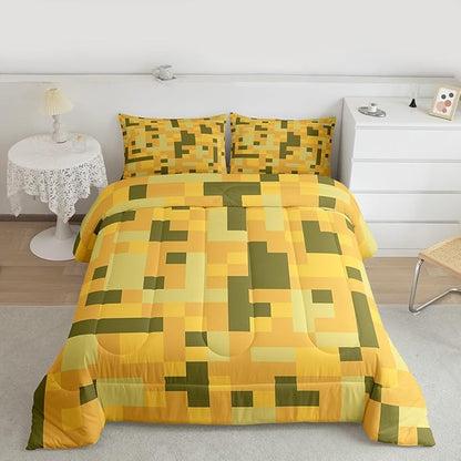 Pixelated Blocks Miners Kids Bedding Set Queen Size,Video Games Cartoon Gamepad Comforter Set，Army Camouflage Game Quilt Comforter,Yellow Green Bedroom Duvet Insert,2 Pillowcases
