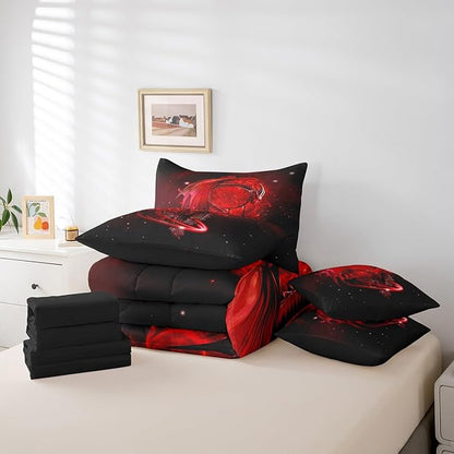 Erosebridal Gothic Dragon Dream Catchers Bed in a Bag Queen Comforter Set 7 Piece,Red Galaxy Bohemian Feather Bedding Sets Antique Animal Pterosaur Sheet Set with Comforter
