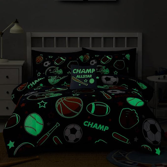 Kids Comforter Set Full Size for Boys, Glow in The Dark Ball Games Bedding Set 1 Comforter, 1 Decor Pillow, 2 Pillow Shams