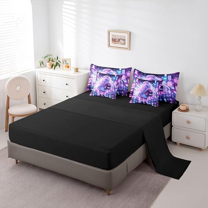 Erosebridal Japanese Girl Bed in A Bag Girly Anime Bedding Set for Kids,Sci Fi Style Gaming Full Comforter Set 7 Piece Room Decor,3D Cartoon Anime Girl Bed Set
