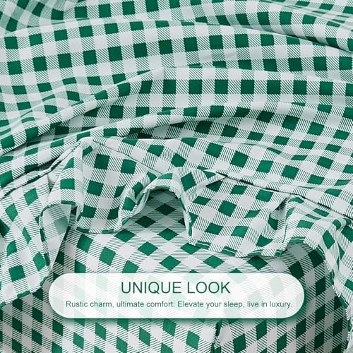 Gingham Twin Sheet Set, Lightweight Super Soft Brushed Microfiber Plaid Bed Sheets with 16" Deep Pocket, 3 Piece Ruffle Farmhouse Bedroom Decor, Green