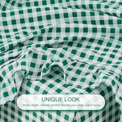 Gingham Twin Sheet Set, Lightweight Super Soft Brushed Microfiber Plaid Bed Sheets with 16" Deep Pocket, 3 Piece Ruffle Farmhouse Bedroom Decor, Green