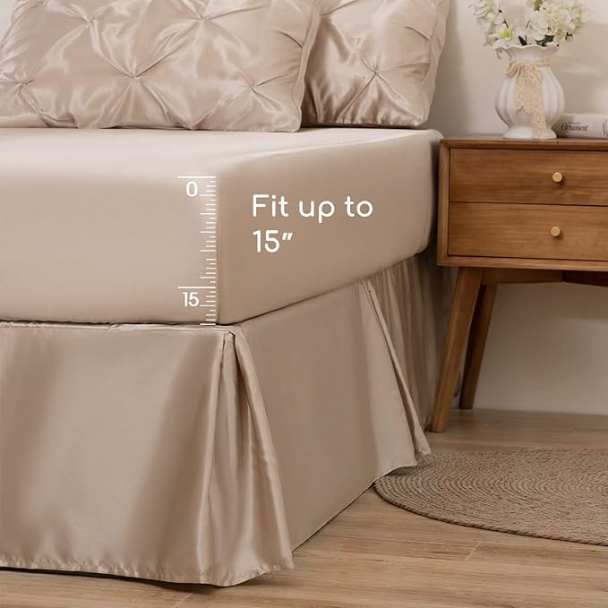 MR&HM Satin Comforter King 7 Pieces - Luxurious Pinch Pleat Bedding Set with Comforter, Flat Sheet, Fitted Sheet, Pillowcases & Shams, Super Silky Soft Bed Set for All Season (King, Champagne)