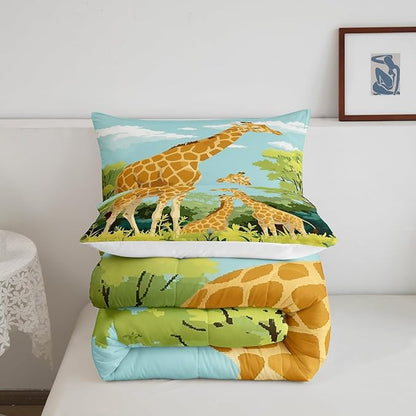 Castle Fairy Cartoon Giraffe Comforter Set Queen Size for Kids Cute Tropical Wild Animal Bedding Sets All Season Blue Sky Jungle Trees Quilt Set Bedroom Decor Tallest Neck Animal Down Comforter,3Pcs