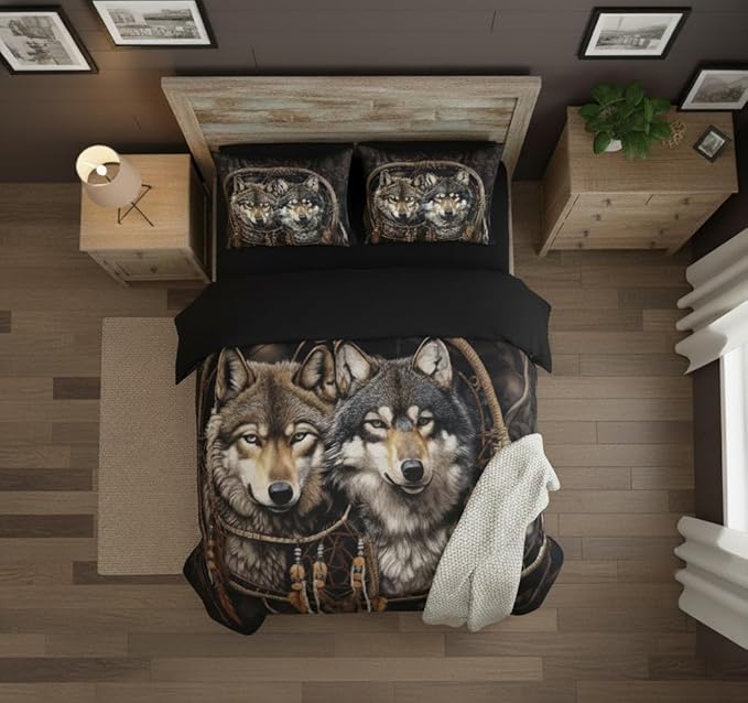 Black Brown Wolf Queen Size Comforter Set, Farmhouse Wildlife Animal Bedding Set for Boys Teens Adult Women, 3 Pcs Rustic Dreamcatcher Quilted Comforter with 2 Pillowcases/90 x90