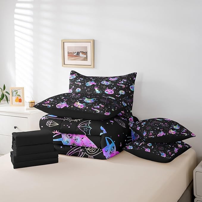 Ombre Cat Skull Comforter Set King Size,Black Galaxy Starry Bed Set 7pcs with Comforter,Fitted Sheet,Flat Sheet,2 Pillowcases,2 Throw Pillow Covers,Gothic Constellation Bedding Set
