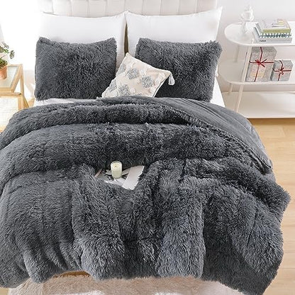 Smoofy Fluffy Full Size Comforter Set, Dark Grey Faux Fur Comforter 3 Pcs