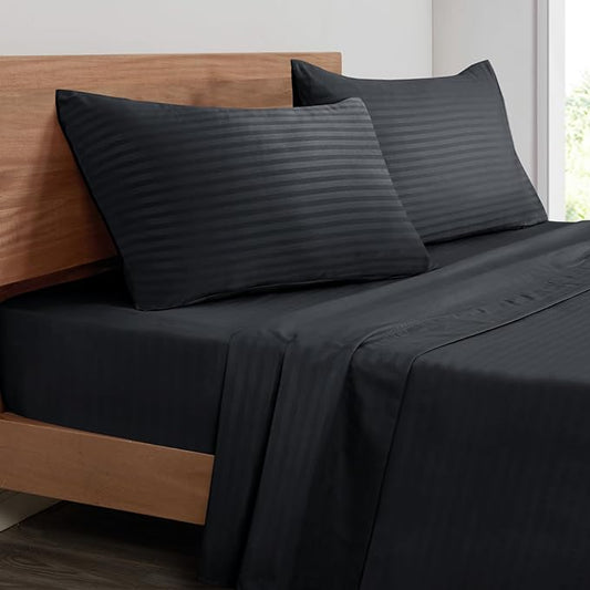 Mejoroom Striped Full Size Sheets – Extra Soft Full Size Bed Sheets - 16inches deep Pocket Full Sheet Set, Breathable, Wrinkle, Fade and Stain Resistant – 4 Piece(02-Black)