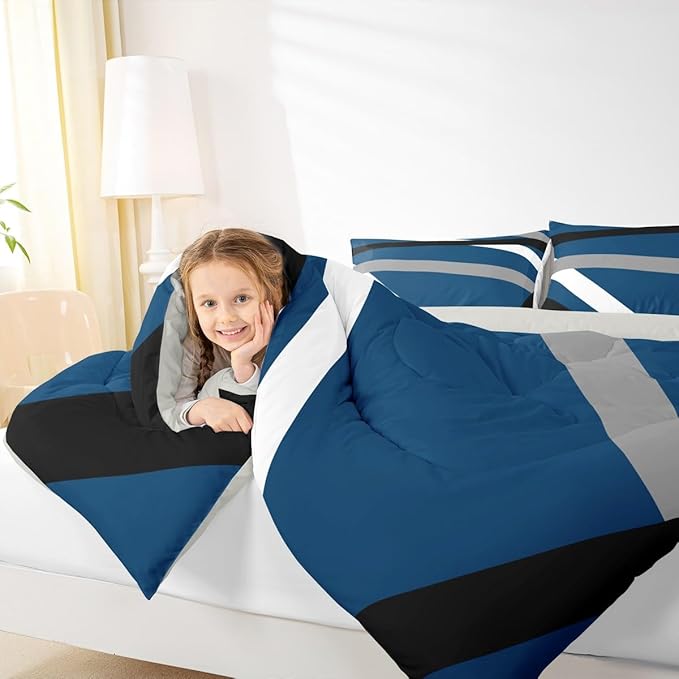 Erosebridal Blue Gray Black Striped Twin Bedding Sets for Adult Women Men Modern Abstract Comforter Set Geometric Lines Quilt Duvet Set Aesthetic Boho Bedding Collections