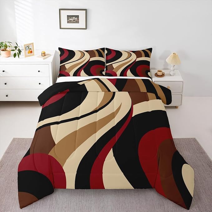 Red Brown Spiral Toddler Comforter for Adult Women Men Modern Swirls Stripes Abstract Bedding Set for Minimalists Boho Aesthetic Geometric Bed Sets Graffiti Art Lines Quilt Duvet Insert