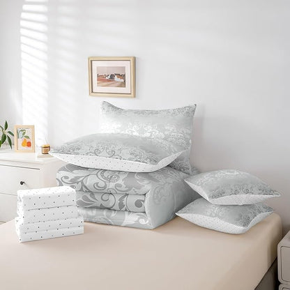 Erosebridal Gothic Damask Bed in a Bag King Size Comforter Set 7 Pieces,Halloween Bat Bedding Sets Silver White Victorian Floral Goth Sheet Set with Comforter