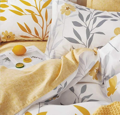 SLEEPBELLA Duvet Cover King Size, 600 Thread Count Cotton Grey Branches and Yellow Flower Reversible Comforter Cover(King, White Leaf)