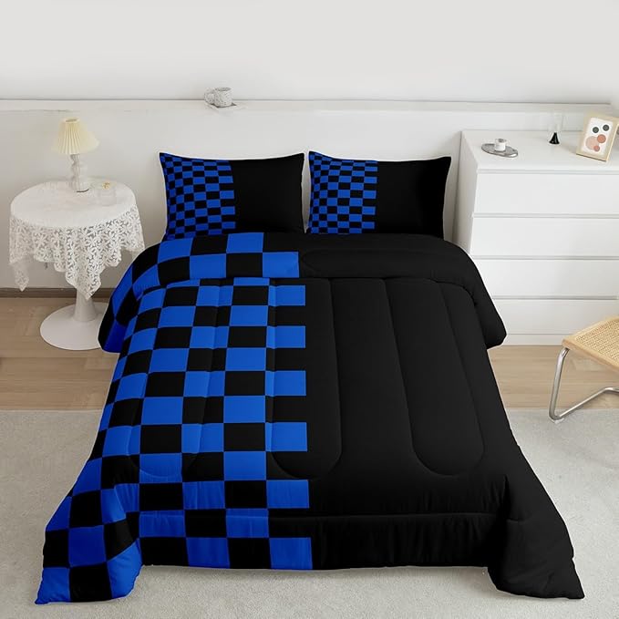 Geometric Check Kids Bedding Set King Size,Video Games Plaid Lattice Comforter Set，Modern Grid Simple Quilt Comforter,Black Blue Bedroom Duvet Insert,2 Pillowcases