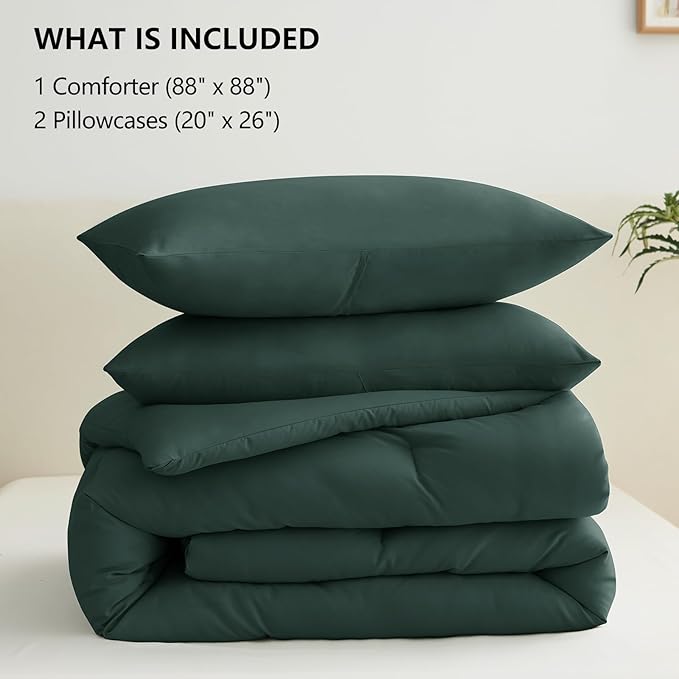 CozyLux Queen Comforter Set Forest Green, 3 Pieces Solid Comforters Queen Size Breathable Bedding Sets, Luxury Soft Lightweight Bed Set with Down Alternative Comforter and 2 Pillowcases All Seasons