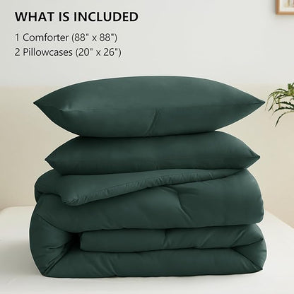 CozyLux Queen Comforter Set Forest Green, 3 Pieces Solid Comforters Queen Size Breathable Bedding Sets, Luxury Soft Lightweight Bed Set with Down Alternative Comforter and 2 Pillowcases All Seasons