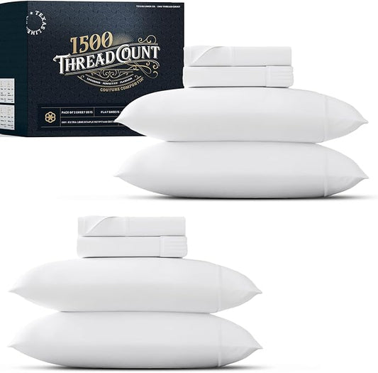 TEXAS LINEN CO. 100% Egyptian Cotton King Size Sheets Set Pack of 2 - Luxury 1500 Thread Count Egyptian Cotton Sheets King Size (8 PC, White), 17" Deep Pocket, Soft, Cooling Sateen Weave Hotel Bedding