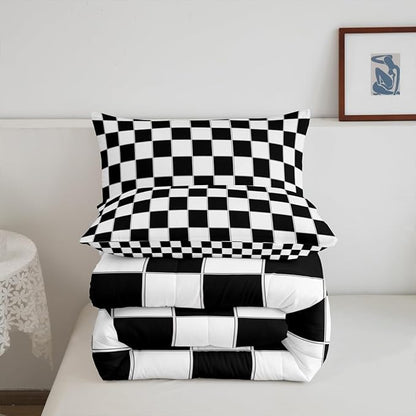 Erosebridal Boys Checkered Comforter Set Twin Black White Checkered Kids Bedding Set Teen Boy Geometric Grids Plaid Comforter Preppy Bedroom Decor,Gingham Quilt Duvet 2 Pcs