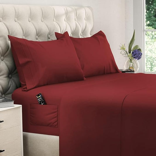 DREAMCARE Queen Size Sheets - Cooling Bed Sheets - 4pcs Set - up to 15" Deep Pocket Queen Sheet Set - Sheets Queen Size Bed - Soft & Long Lasting 100% Fine Brushed Polyester with Side Pocket -Brgndy