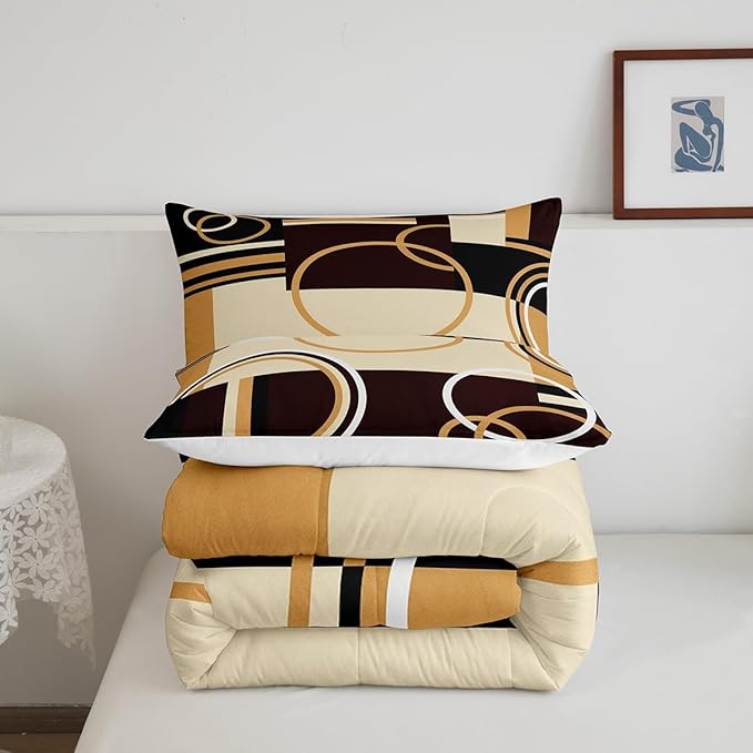 Erosebridal Modern Geometric Comforter Set Queen Size Brown Black Stripes Down Comforter for Kids Adult Retro Circle Swirls Bedding Set Bedroom Decor Abstract Texture Color Art Comforter