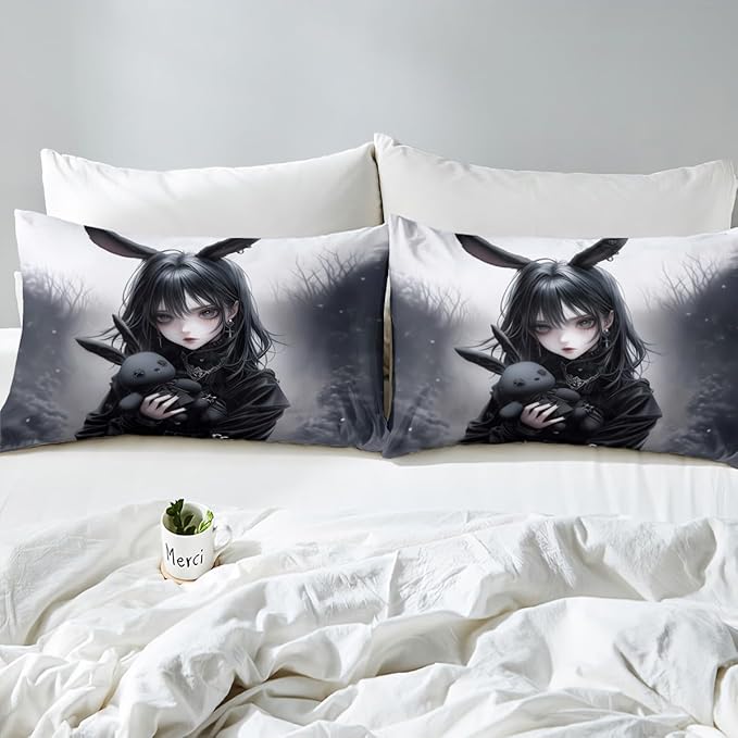 Anime Fitted Sheet 3D Japanese Girl Bed Sheets Full,Anime Gifts Sheets for Girls,Gothic Cartoon Rabbit Print Bedding Set Exotic Style Bed Set for Room Decor,Black